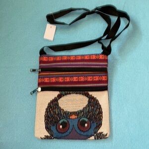 Textile owl design crossbody bag 2 zipper pockets adjustable strap